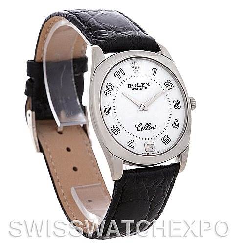 This image shows a Rolex Cellini 4233 Men
s White Gold White Dial 4233 Men
s White Gold White Dial watch from a front angle, highlighting the dial, strap, and case.