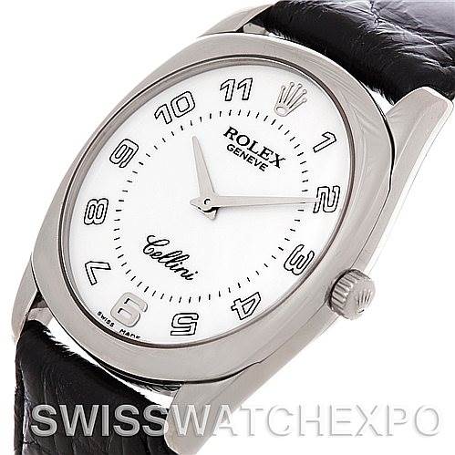 This image shows the front and side view of the Rolex Cellini 4233 Men
s White Gold White Dial 4233 Men
s White Gold White Dial, including the dial, bezel, crown, and part of the strap.