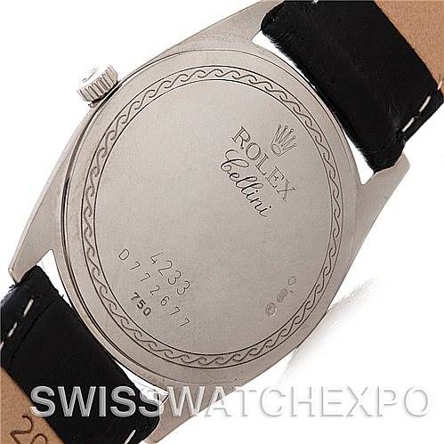 This image shows the back case of a Rolex Cellini 4233 Men
s White Gold White Dial 4233 Men
s White Gold White Dial watch, displaying the model details and part of the leather strap.