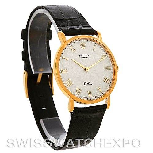 The image shows a Rolex Cellini 5112 Men's Yellow Gold Beige Dial 5112 Men's Yellow Gold Beige Dial watch from a front-angle view, displaying the dial, case, and black leather strap.