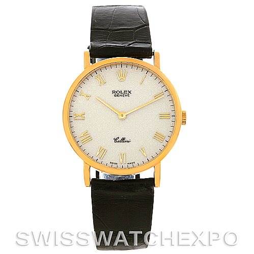 This Rolex Cellini 5112 Men's Yellow Gold Beige Dial 5112 Men's Yellow Gold Beige Dial watch is shown from the front, displaying its dial, hands, and leather strap.