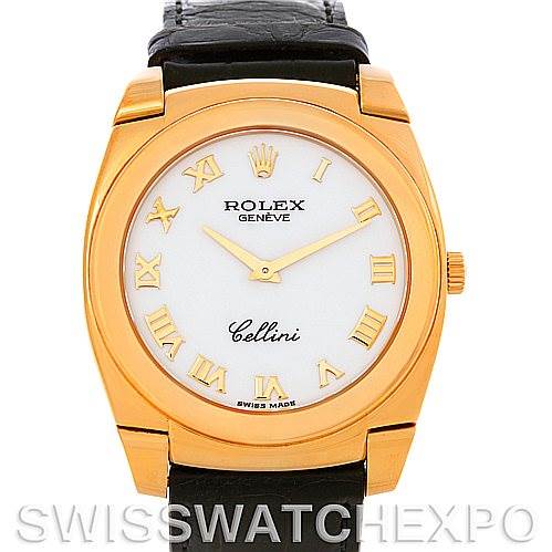 The image shows a Rolex Cellini 5330 Men
s Yellow Gold White Dial 5330 Men
s Yellow Gold White Dial watch from a front angle, displaying the dial, bezel, crown, and leather strap.