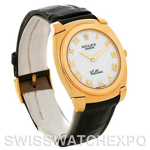 The image shows a Rolex Cellini 5330 Men
s Yellow Gold White Dial 5330 Men
s Yellow Gold White Dial watch at an angle, highlighting its gold case, white dial with Roman numerals, and black leather strap.