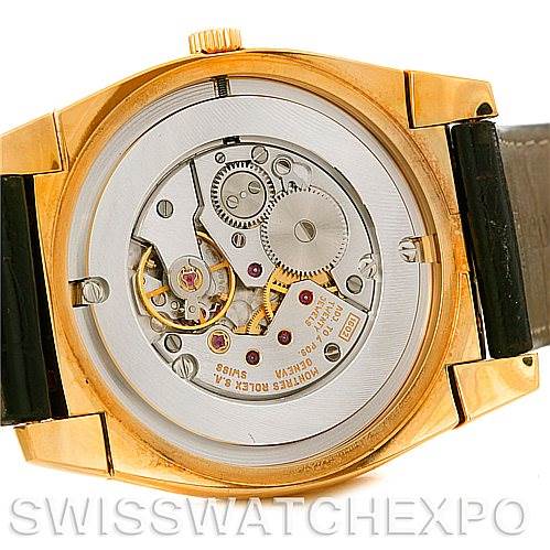 This image shows the back of a Rolex Cellini 5330 Men
s Yellow Gold White Dial 5330 Men
s Yellow Gold White Dial watch, displaying its intricate internal mechanical components.