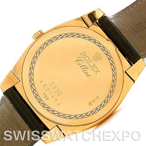 The image shows the back case of a Rolex Cellini 5330 Men
s Yellow Gold White Dial 5330 Men
s Yellow Gold White Dial watch, revealing the model number and intricate engravings.