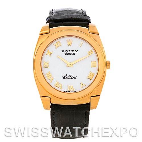 This image shows a frontal view of the Rolex Cellini 5330 Men
s Yellow Gold White Dial 5330 Men
s Yellow Gold White Dial watch, highlighting its gold bezel, white dial, Roman numerals, and black leather strap.