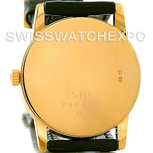 This image shows the back view of a Rolex Cellini 5116 Men
s Yellow Gold Grey Dial 5116 Men
s Yellow Gold Grey Dial watch, highlighting the gold case and black leather strap.