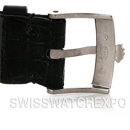 The image shows a close-up of the buckle and part of the black leather strap of a Rolex Cellini 5115 Men's White Gold Silver Dial 5115 Men's White Gold Silver Dial watch.