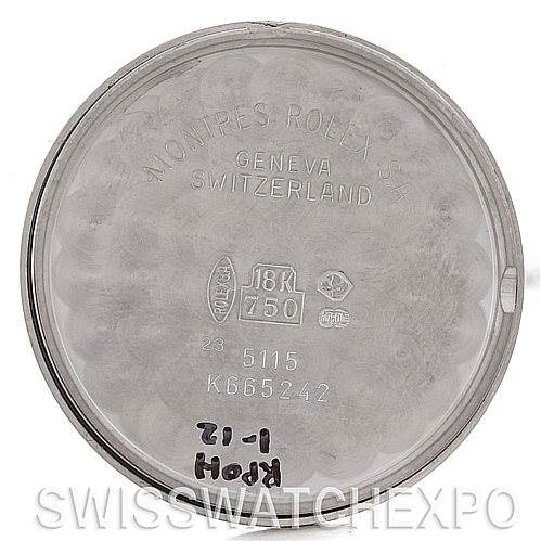 This image shows the inside of the case back of a Rolex Cellini 5115 Men's White Gold Silver Dial 5115 Men's White Gold Silver Dial watch, displaying various engravings and markings.