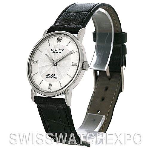 This image shows a side-angled view of the Rolex Cellini 5115 Men's White Gold Silver Dial 5115 Men's White Gold Silver Dial watch, displaying the watch face, case, crown, and leather strap.