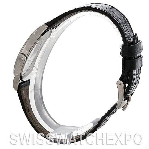 The image shows a side angle of a Rolex Cellini 5115 Men's White Gold Silver Dial 5115 Men's White Gold Silver Dial watch, highlighting the clasp and black leather strap.