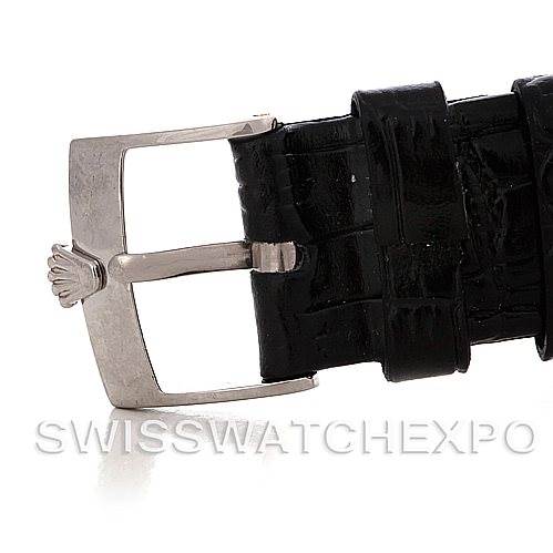 This image shows the buckle and black leather strap of a Rolex Cellini 5116 Men's White Gold Grey Dial 5116 Men's White Gold Grey Dial watch.