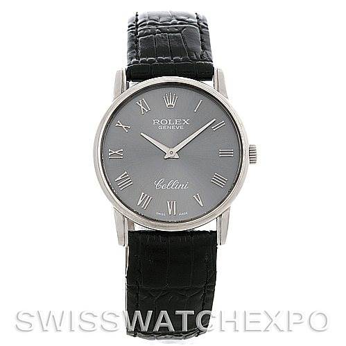 This is a front view of a Rolex Cellini 5116 Men's White Gold Grey Dial 5116 Men's White Gold Grey Dial watch showing the face, hands, case, and black leather strap.