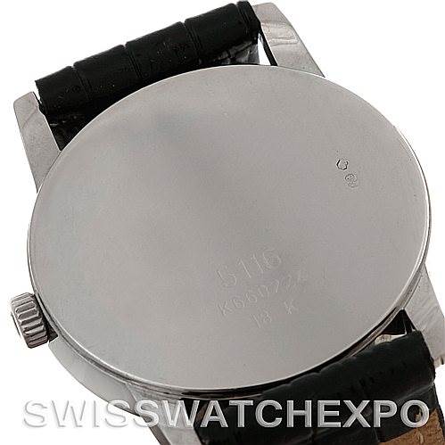 The image shows the back case and a portion of the strap of a Rolex Cellini 5116 Men's White Gold Grey Dial 5116 Men's White Gold Grey Dial watch, with the crown partially visible on the side.