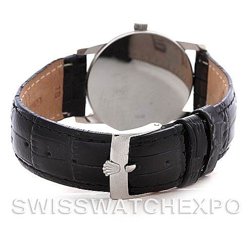 The image shows a rear view of the Rolex Cellini 5116 Men's White Gold Grey Dial 5116 Men's White Gold Grey Dial watch, focusing on the leather strap and clasp.