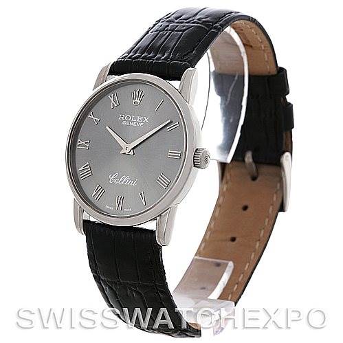 This image shows a side angle view of the Rolex Cellini 5116 Men's White Gold Grey Dial 5116 Men's White Gold Grey Dial watch, highlighting the face, bezel, crown, and leather strap.