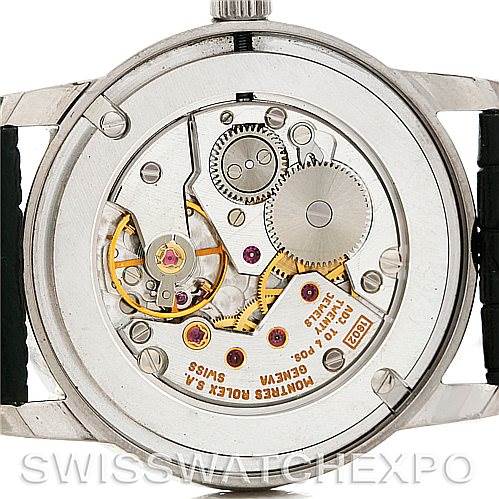 This image shows the back view of a Rolex Cellini 5116 Men's White Gold Grey Dial 5116 Men's White Gold Grey Dial watch, highlighting its intricate internal movement components.