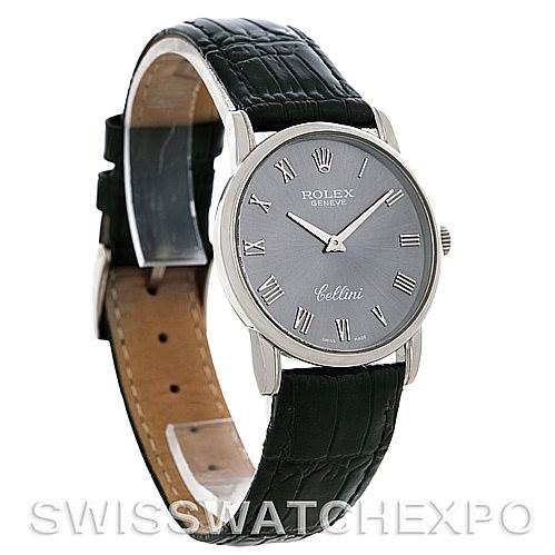 This image shows a front angle view of a Rolex Cellini 5116 Men's White Gold Grey Dial 5116 Men's White Gold Grey Dial watch, displaying its face, bezel, and black leather strap.