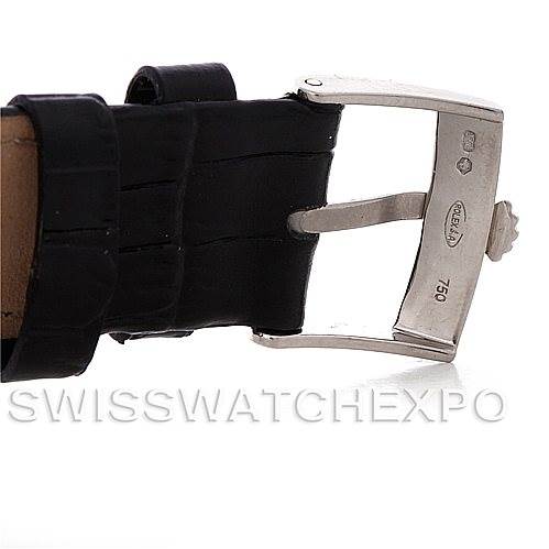 This image shows the clasp and part of the leather strap of a Rolex Cellini 5116 Men's White Gold Grey Dial 5116 Men's White Gold Grey Dial watch from a side angle.