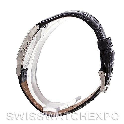 The image shows a side view of the Rolex Cellini 5116 Men's White Gold Grey Dial 5116 Men's White Gold Grey Dial watch, prominently displaying the black leather strap and clasp.