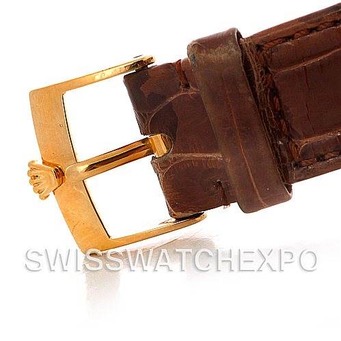 This image shows a close-up of the buckle and leather strap of the Rolex Cellini 5116 Men's Yellow Gold Mother of Pearl Dial 5116 Men's Yellow Gold Mother of Pearl Dial watch.