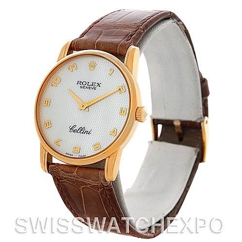 The image shows a Rolex Cellini 5116 Men's Yellow Gold Mother of Pearl Dial 5116 Men's Yellow Gold Mother of Pearl Dial watch at a three-quarter angle, displaying its face, gold case, and brown leather strap.