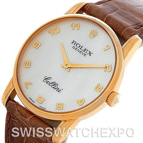 The Rolex Cellini 5116 Men's Yellow Gold Mother of Pearl Dial 5116 Men's Yellow Gold Mother of Pearl Dial watch is shown at a slight angle, highlighting its face, hands, and leather strap.