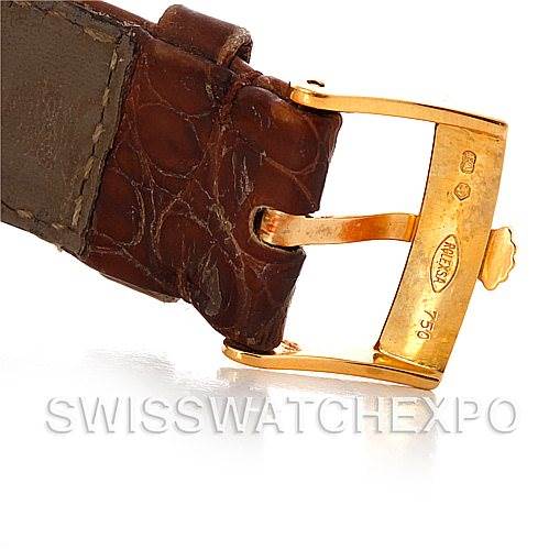 The image shows the buckle and part of the leather strap of a Rolex Cellini 5116 Men's Yellow Gold Mother of Pearl Dial 5116 Men's Yellow Gold Mother of Pearl Dial watch at a close angle.