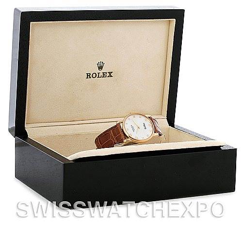 The image shows a Rolex Cellini 5116 Men's Yellow Gold Mother of Pearl Dial 5116 Men's Yellow Gold Mother of Pearl Dial watch in an open Rolex-branded presentation box, viewed from an angled front perspective.