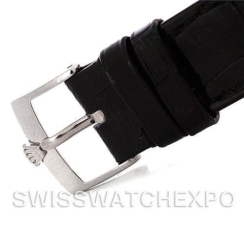This image shows the buckle and part of the black leather strap of a Rolex Cellini 5115 Men's White Gold Grey Dial 5115 Men's White Gold Grey Dial watch.