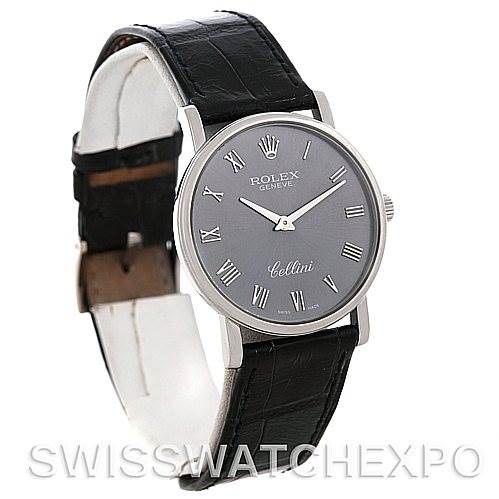 The image shows a Rolex Cellini 5115 Men's White Gold Grey Dial 5115 Men's White Gold Grey Dial watch from a front and slightly side angle, displaying the face, crown, and leather strap.