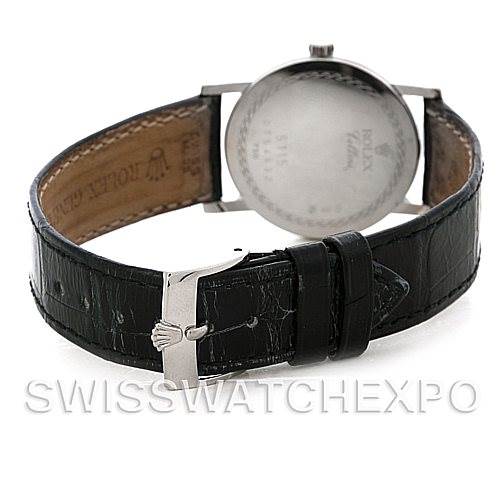 The image shows the back and strap of a Rolex Cellini 5115 Men's White Gold Grey Dial 5115 Men's White Gold Grey Dial watch, featuring its leather strap and clasp.