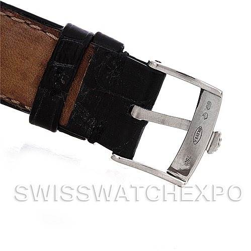 The image shows the buckle and a portion of the leather strap of a Rolex Cellini 5115 Men's White Gold Grey Dial 5115 Men's White Gold Grey Dial watch from an angled top view.