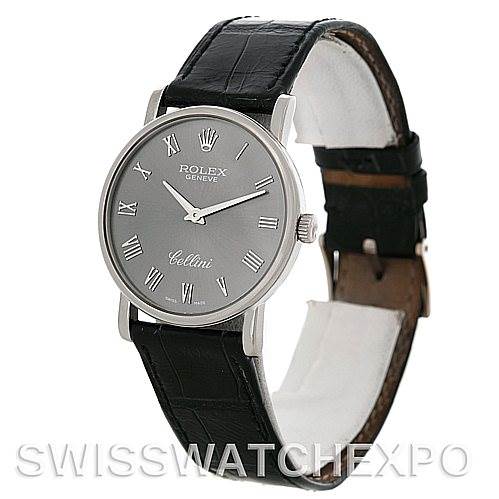 The image shows a Rolex Cellini 5115 Men's White Gold Grey Dial 5115 Men's White Gold Grey Dial watch at an angle highlighting the face, bezel, and leather strap.