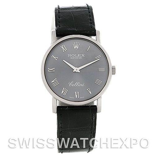 This Rolex Cellini 5115 Men's White Gold Grey Dial 5115 Men's White Gold Grey Dial watch is shown from a front angle, displaying the face, hour markers, hands, and black leather strap.