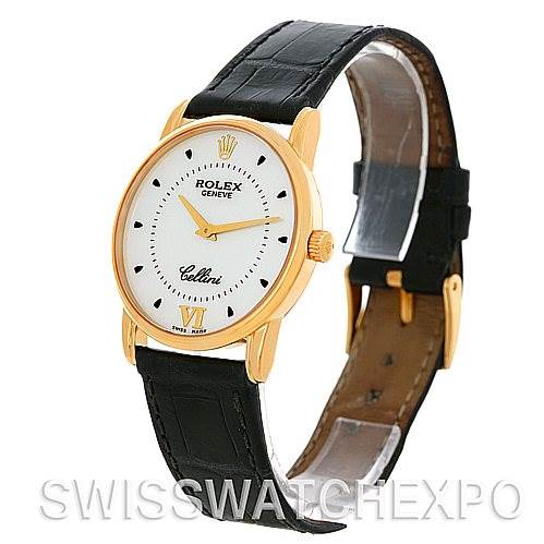 This image shows a Rolex Cellini 5116 Men's Yellow Gold Silver Dial 5116 Men's Yellow Gold Silver Dial watch at a three-quarter angle, highlighting the dial, hands, case, crown, and leather strap.