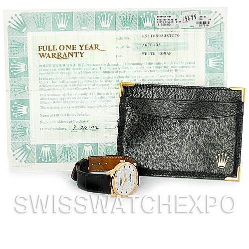 The image shows a Rolex Cellini 5116 Men's Yellow Gold Silver Dial 5116 Men's Yellow Gold Silver Dial watch with its warranty card and a black leather pouch, displayed from a front angle.