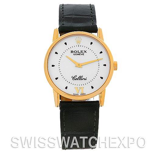 The image shows a front view of a Rolex Cellini 5116 Men's Yellow Gold Silver Dial 5116 Men's Yellow Gold Silver Dial watch, highlighting its face, hands, and black leather strap.