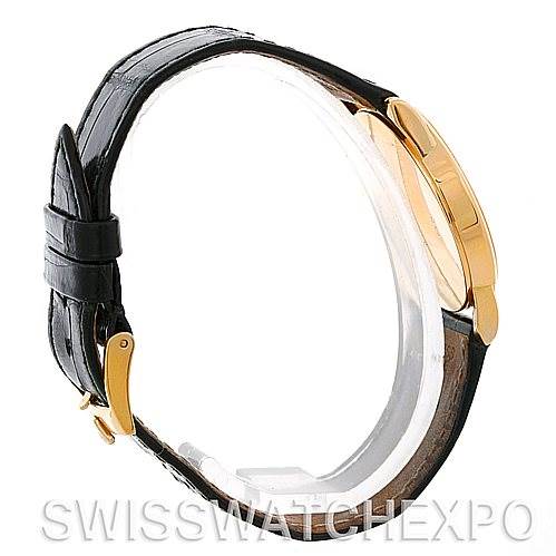 The image shows a side view of a Rolex Cellini 5116 Men's Yellow Gold Silver Dial 5116 Men's Yellow Gold Silver Dial watch, focusing on the black leather strap and gold clasp.