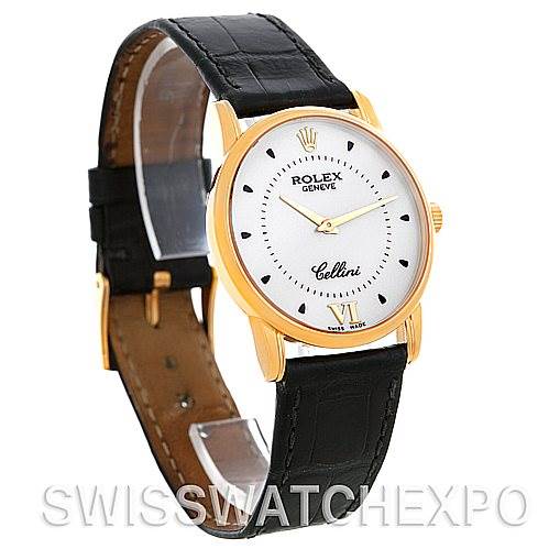 The image shows a Rolex Cellini 5116 Men's Yellow Gold Silver Dial 5116 Men's Yellow Gold Silver Dial watch from an angled front and side view, highlighting the dial, case, and leather strap.