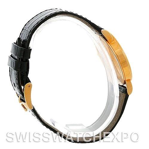 The image shows a side view of the Rolex Cellini 5115 Men's Yellow Gold Black Dial 5115 Men's Yellow Gold Black Dial watch, highlighting its gold case and black leather strap.