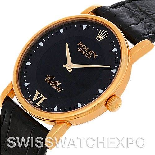The image shows a Rolex Cellini 5115 Men's Yellow Gold Black Dial 5115 Men's Yellow Gold Black Dial watch at a slight angle, highlighting the face, crown, and part of the black leather strap.