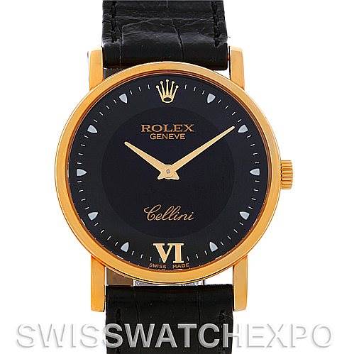 This image shows the front view of a Rolex Cellini 5115 Men's Yellow Gold Black Dial 5115 Men's Yellow Gold Black Dial watch, highlighting the face, crown, and leather strap.