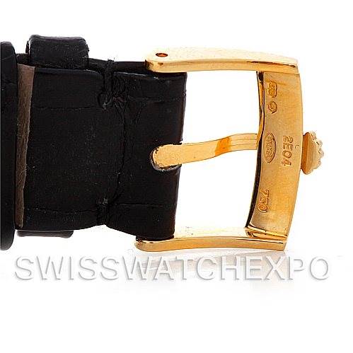 The image shows a close-up of the gold buckle and black leather strap of a Rolex Cellini 5115 Men's Yellow Gold Black Dial 5115 Men's Yellow Gold Black Dial watch.