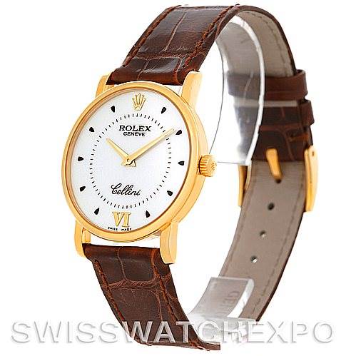The image shows a gold Rolex Cellini 5115 Men's Yellow Gold Silver Dial 5115 Men's Yellow Gold Silver Dial watch with a brown leather strap, viewed at an angle displaying the watch face and strap.