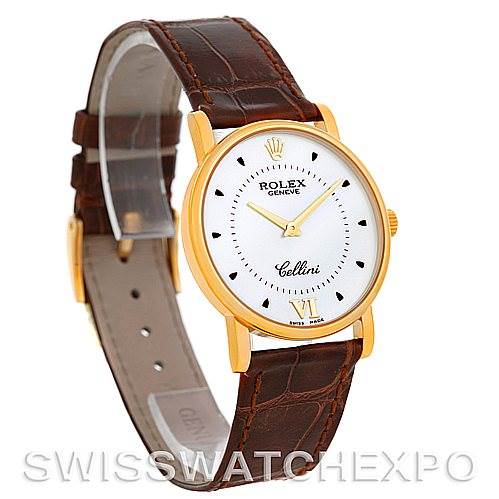 The image shows a Rolex Cellini 5115 Men's Yellow Gold Silver Dial 5115 Men's Yellow Gold Silver Dial watch at an angled view, displaying the dial, case, crown, and leather strap.