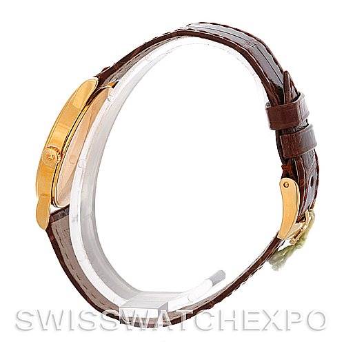 The image shows a Rolex Cellini 5115 Men's Yellow Gold Silver Dial 5115 Men's Yellow Gold Silver Dial watch from a side angle, highlighting the brown leather strap, gold buckle, and clasp.