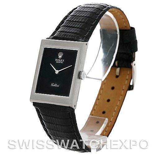 The image shows a side angle of the Rolex Cellini watch, featuring its rectangular dial and black leather strap.