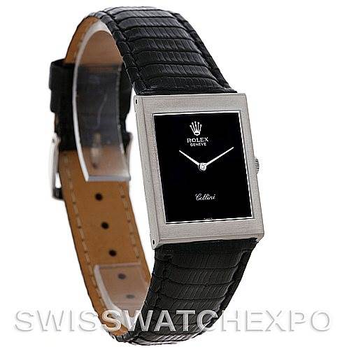 The image shows a Rolex Cellini 4014 Men's White Gold Black Dial 4014 Men's White Gold Black Dial watch at an angle displaying its full face and leather strap.