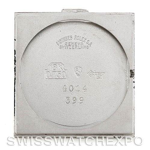 This image shows the inside case back of a Rolex Cellini 4014 Men's White Gold Black Dial 4014 Men's White Gold Black Dial model watch from a straight-on angle.